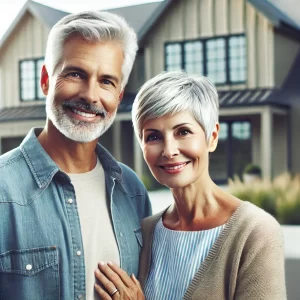 couple over 62 years old in front of their house for reverse mortgage